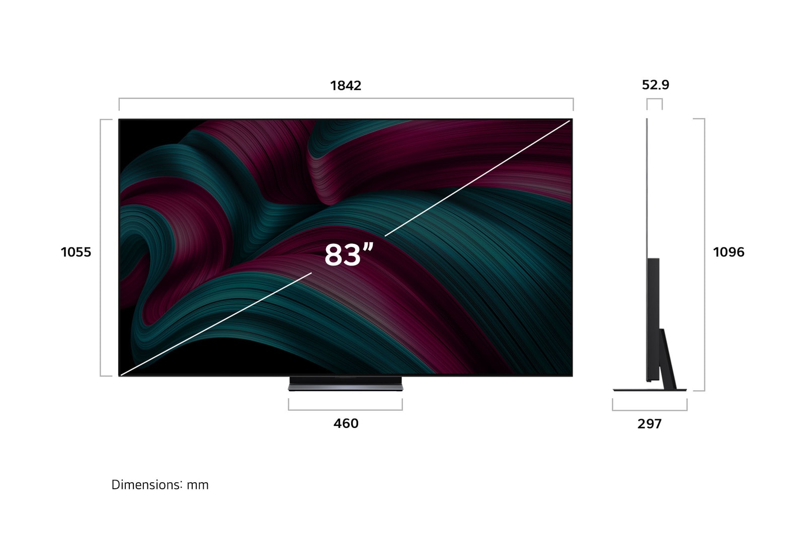 Pohled zep?edu a z boku na LG OLED evo AI C5 4K Smart TV s rozměry na délku, ?í?ku, vy?ku a hloubku.