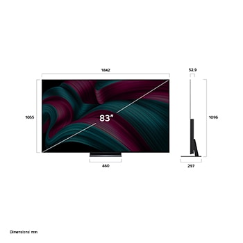 Pohled zep?edu a z boku na LG OLED evo AI C5 4K Smart TV s rozměry na délku, ?í?ku, vy?ku a hloubku.
