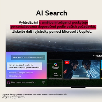 Detail obrazovky televizoru LG OLED TV zobrazující, jak funguje funkce AI Search. Otev?e se malé okno chatu, ve kterém se zobrazí, jak se u?ivatel ptal na nabídku sportovních her. AI vyhledávání reagovalo prost?ednictvím chatu a zobrazováním miniatur dostupného obsahu. Zobrazí se také vyzva, abyste se obrátili na Microsoft Copilot. 