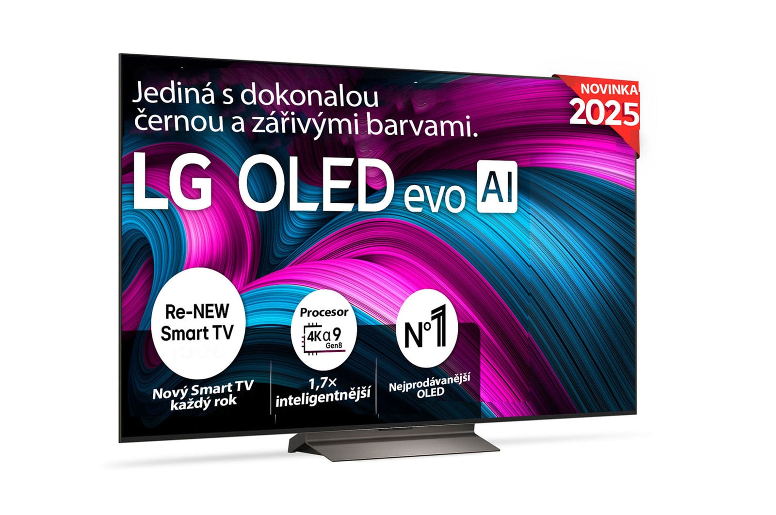 ?elní pohled na LG OLED evo AI C5 4K Smart TV. Na obrazovce je emblém 12 let světové jedni?ky OLED a logo LG OLED evo AI 2025.
