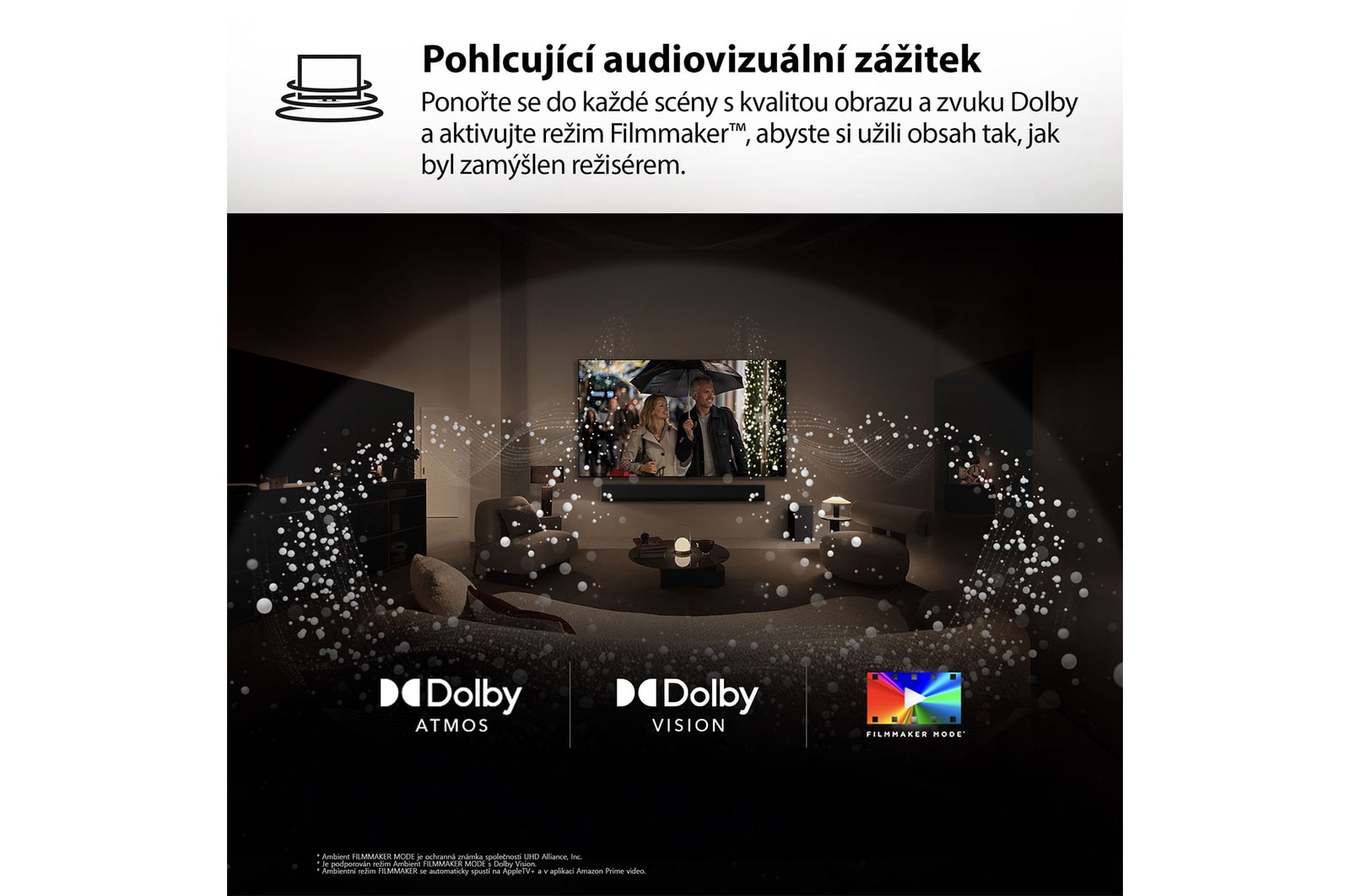 Obrazovka LG TV s?dálkovym ovlada?em AI Magic Remote v?pop?edí. Je zvyrazněno tla?ítko AI a textová bublina zobrazující text ?navrhni mi film, ktery se mi bude líbit“. Obrazovka zobrazuje u?ivatelskou ikonu E, demonstrující schopnost AI Voice ID rozpoznat u?ivatele podle hlasu a nabídnout osobní doporu?ení. 