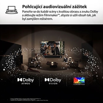 Obrazovka LG TV s?dálkovym ovlada?em AI Magic Remote v?pop?edí. Je zvyrazněno tla?ítko AI a textová bublina zobrazující text ?navrhni mi film, ktery se mi bude líbit“. Obrazovka zobrazuje u?ivatelskou ikonu E, demonstrující schopnost AI Voice ID rozpoznat u?ivatele podle hlasu a nabídnout osobní doporu?ení. 