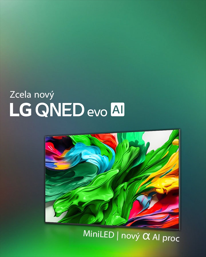 LG QNED TV na barevném tmavém pozadí. Na obrazovce je jasné a barevné umělecké dílo, které p?edvádí barevnou technologii QNED a schopnost zobrazit ?iroké spektrum odstín? s vybornym kontrastem. Zobrazeno nové logo LG QNED evo AI. S titulky vyzdvihujícími MiniLED technologii QNED a novy procesor alpha AI. Nadpis uvádí: Ka?dá barva je redefinována, za?íná novy zá?itek.