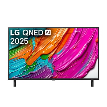 Pohled na televizor LG QNED8E TV zep?edu, logo LG QNED Al v horním rohu. LG QNED TV zobrazuje barevné kreslené textury, které se spojují.