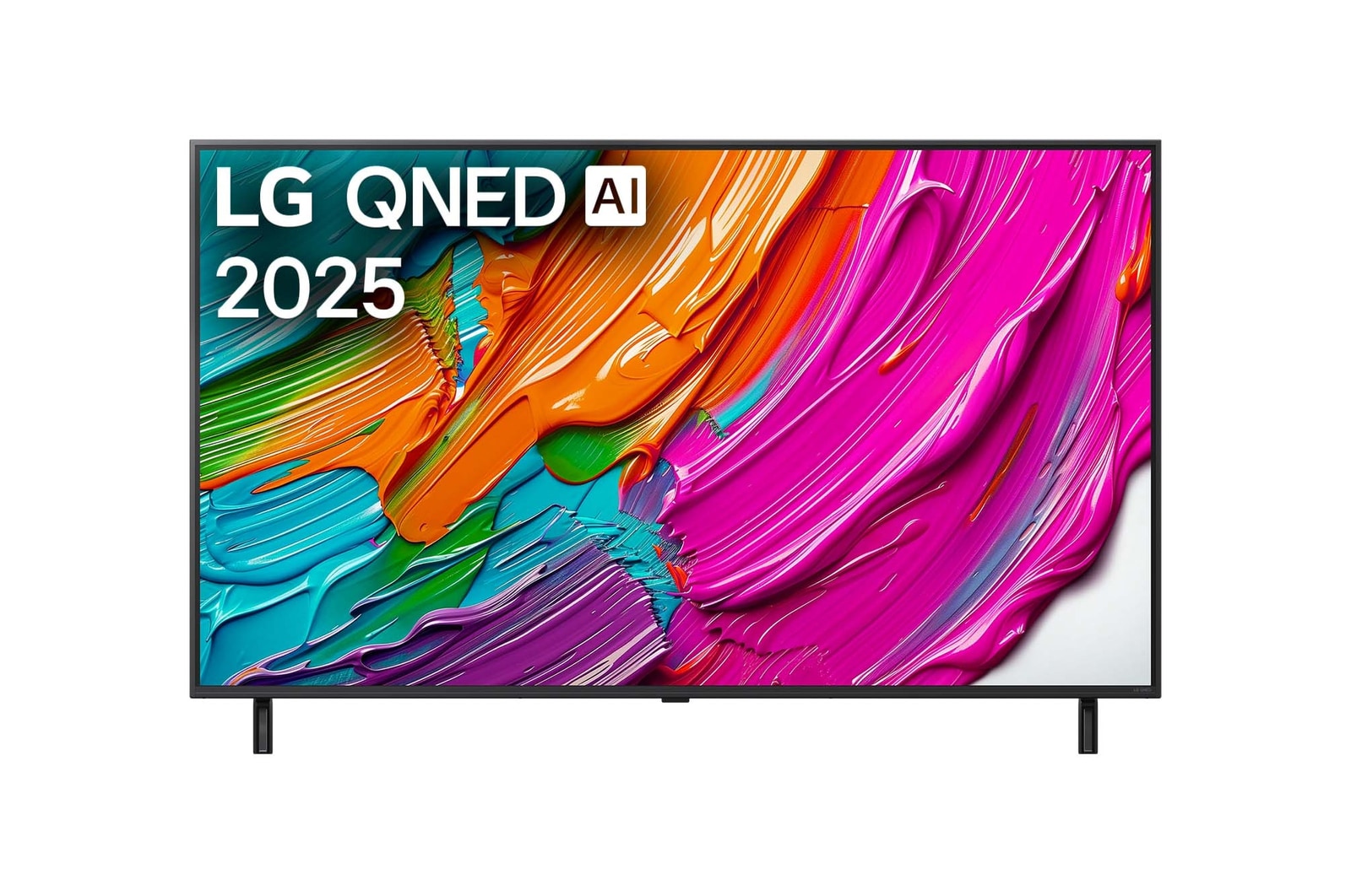 Pohled na televizor LG QNED8E TV zep?edu, logo LG QNED Al v horním rohu. LG QNED TV zobrazuje barevné kreslené textury, které se spojují.