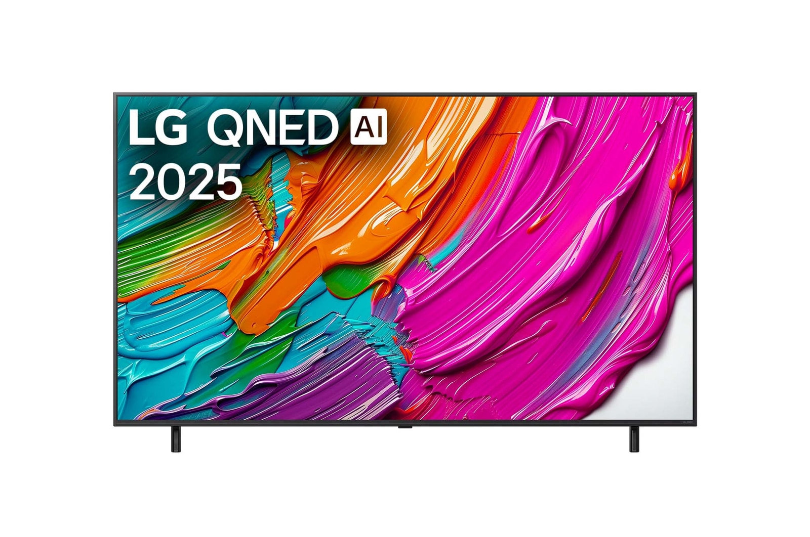 Pohled na televizor LG QNED8E TV zep?edu, logo LG QNED Al v horním rohu. LG QNED TV zobrazuje barevné kreslené textury, které se spojují.