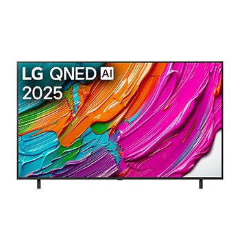 Pohled na televizor LG QNED8E TV zep?edu, logo LG QNED Al v horním rohu. LG QNED TV zobrazuje barevné kreslené textury, které se spojují.