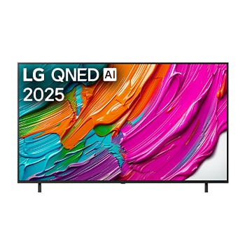 Pohled na televizor LG QNED8E TV zep?edu, logo LG QNED Al v horním rohu. LG QNED TV zobrazuje barevné kreslené textury, které se spojují.