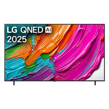 Pohled na televizor LG QNED8E TV zep?edu, logo LG QNED Al v horním rohu. LG QNED TV zobrazuje barevné kreslené textury, které se spojují.