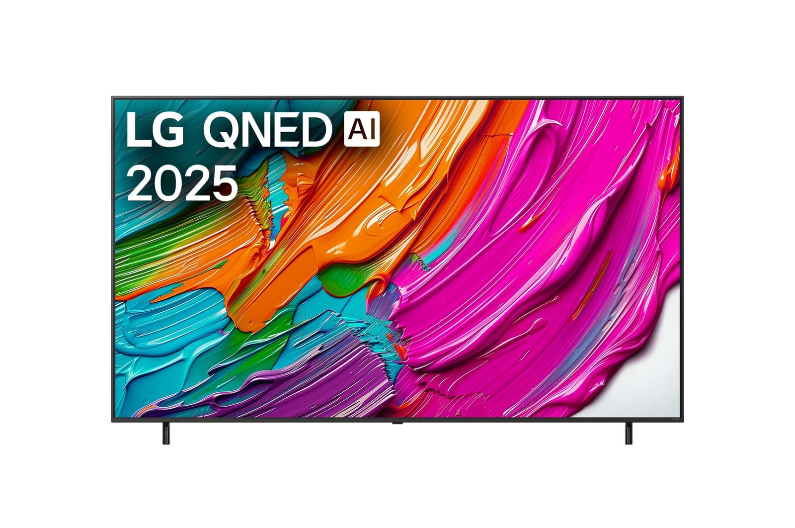 Pohled na televizor LG QNED8E TV zep?edu, logo LG QNED Al v horním rohu. LG QNED TV zobrazuje barevné kreslené textury, které se spojují.