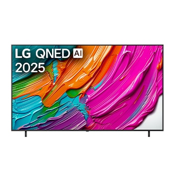 Pohled na televizor LG QNED8E TV zep?edu, logo LG QNED Al v horním rohu. LG QNED TV zobrazuje barevné kreslené textury, které se spojují.
