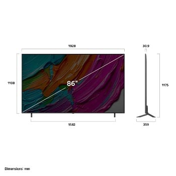 Pohled zep?edu a z boku na LG QNED AI QNED8E 4K Smart TV s rozměry na délku, ?í?ku, vy?ku a hloubku.