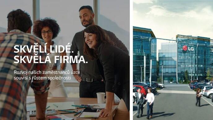 Four people gathered around a table for a meeting on the left, LG Electronic's UK office on the right. Text reads &quot;Skvělí lidé. Skvělá firma. Rozvoj na?ich zaměstnanc? je úzce spojne s rozvojem firmy&quot;.
