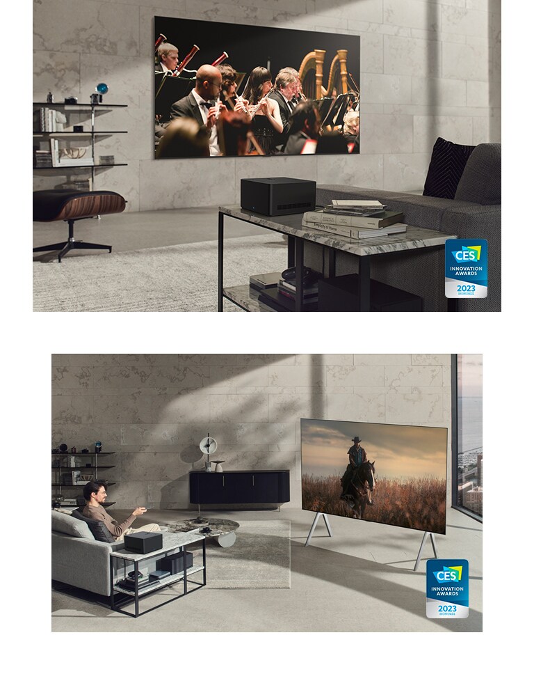 Série obrázk? souvisejících s televizorem LG OLED M. Detailní záběr na multimediální centrum, které je úhledně umístěno na odkládacím stolku. LG OLED M zavě?eny na zdi ve vkusně za?ízeném prostoru bez kabel? kolem televize. Detailní záběr na LG OLED M na stojanu s barevnym obrazem na obrazovce. V?echny obrázky obsahují logo ocenění CES 2023 Innovation Award.