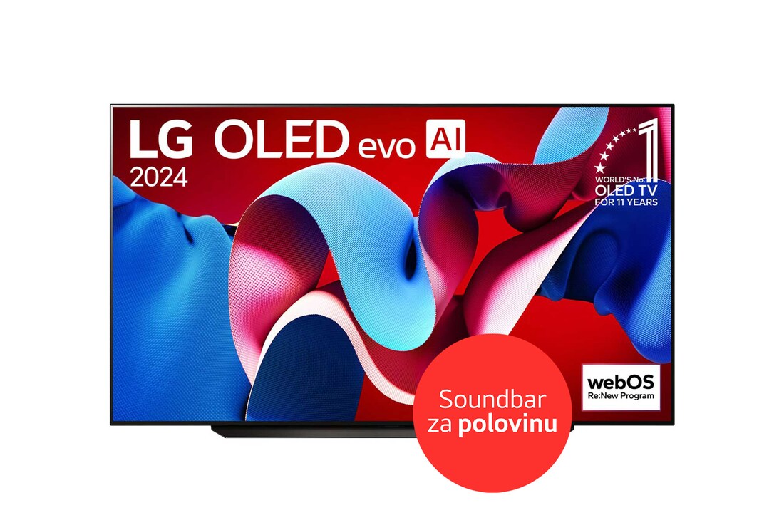 Front view with LG OLED evo TV, OLED C4, 11 Years of world number 1 OLED Emblem logo and webOS Re:New Program logo on screen, as well as the Soundbar below