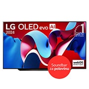 Front view with LG OLED evo TV, OLED C4, 11 Years of world number 1 OLED Emblem logo and webOS Re:New Program logo on screen, as well as the Soundbar below