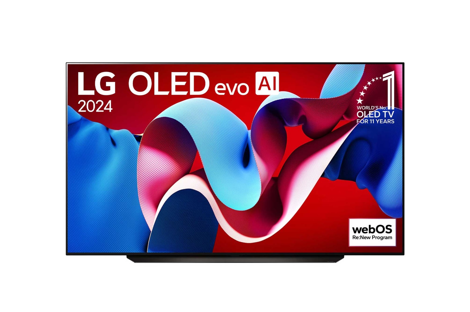Front view with LG OLED evo TV, OLED C4, 11 Years of world number 1 OLED Emblem logo and webOS Re:New Program logo on screen, as well as the Soundbar below