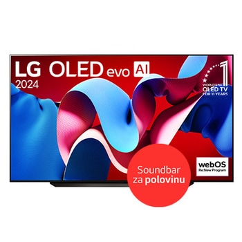  Pohled zep?edu na 83“ OLED TV v tenkém designu, úzkym rámem obrazovky, umístěny na stabilním stojanu s tenkym soundbarem ní?e