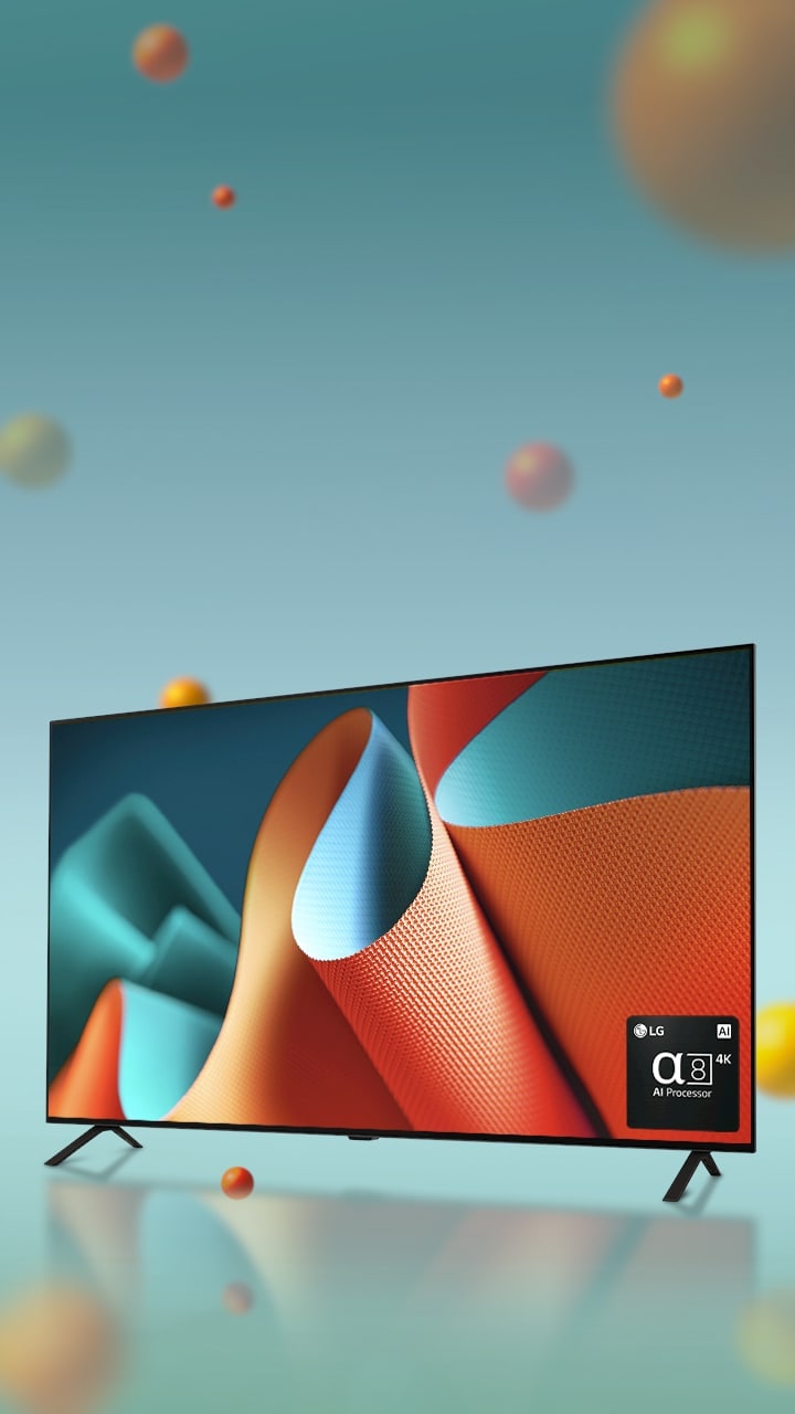 LG OLED B4E oto?eny o 45 stupň? doleva se ?lutou a oran?ovou abstraktní kresbou na obrazovce na zeleném pozadí s 3D koulemi. Televizor OLED se otá?í dop?edu. Vpravo dole je logo procesoru LG alpha 8 AI.	