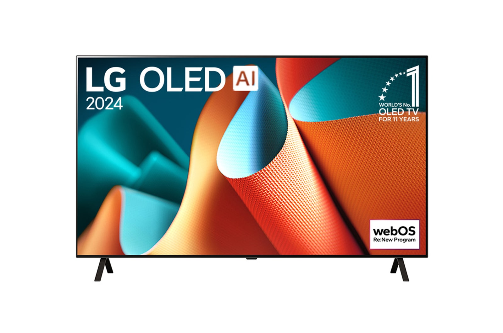?elní pohled na televizor LG OLED, OLED AI B4E, s?emblémem 11?let světové jedni?ky OLED a logem programu webOS Re:New na obrazovce s?dvousloupkovym stojanem