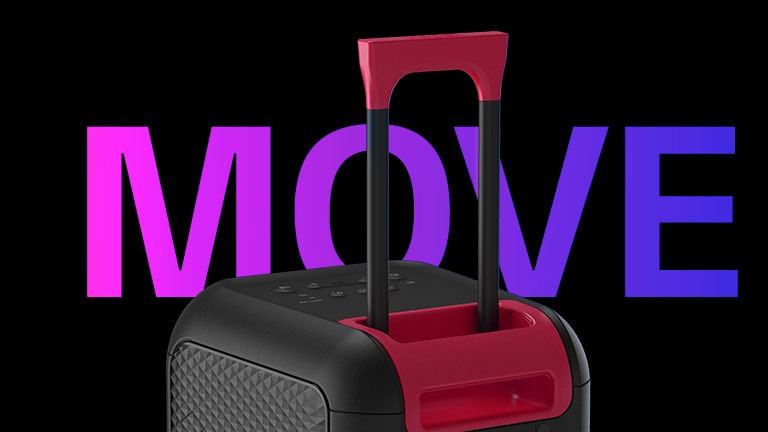 Detailní záběr teleskopické rukojeti. Pro ú?ely designu je za reproduktorem napsáno slovo ?P?EMíSTěNí“.