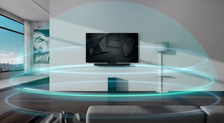 T?ívrstvé zvukové vlny ve tvaru modré kopule pokryvají soundbar a?televizor zavě?eny na stěně obyvacího pokoje.