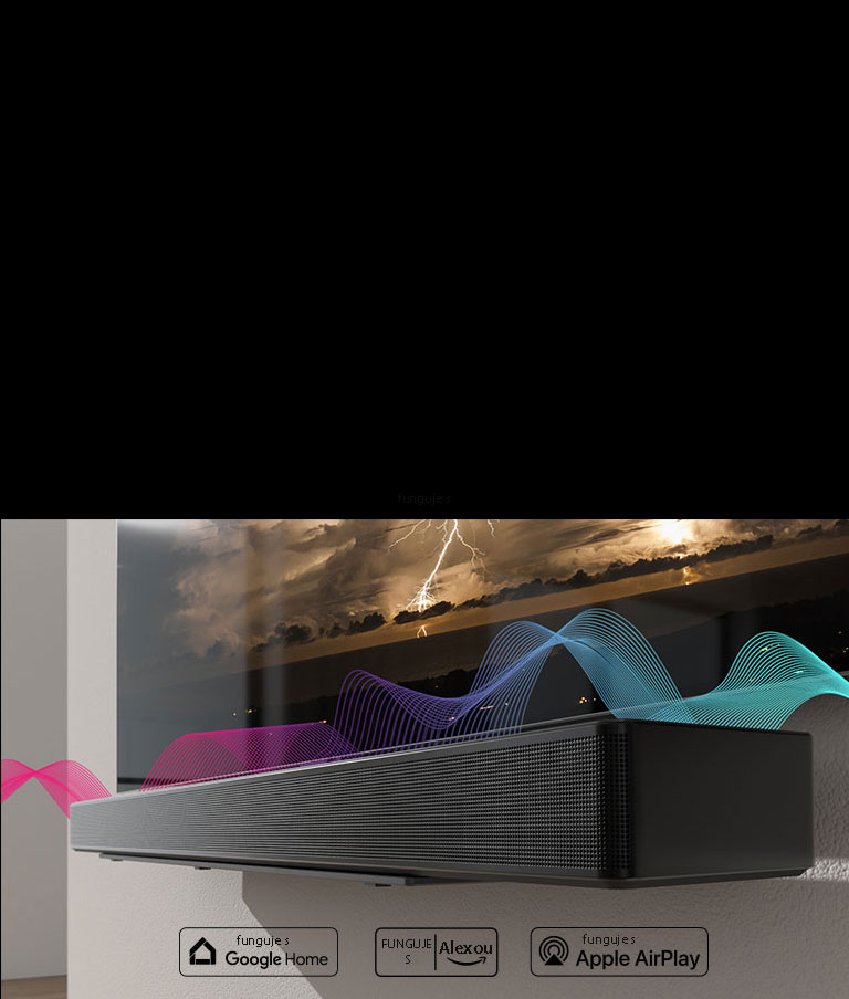 Soundbar je zavě?eny na stěně a?p?ímo nad ním je televizor. Zvukové vlny se mezi nimi k?í?í a?mění barvy z??ervené na modrou.