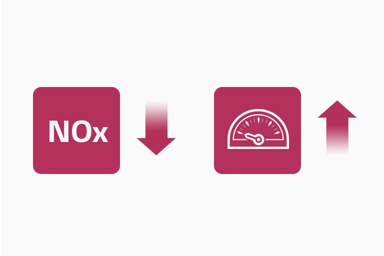 ícone NOx com seta para baixo, ícone do indicador de energia com seta para cima.