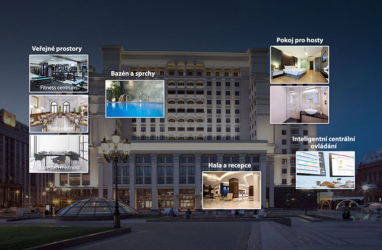 Obrázek hotelu s miniaturami ve?ejnych prostor, bazénu, pokoje pro hosty, haly a ?ídicího centra.