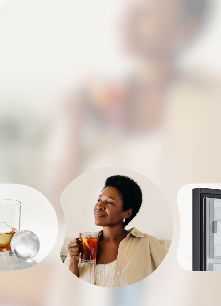 Lednice LG, craft ice, ?ena si vychutnávající nápoj a Slim SpacePlus? vestavěny vyrobník ledu v sekvenci