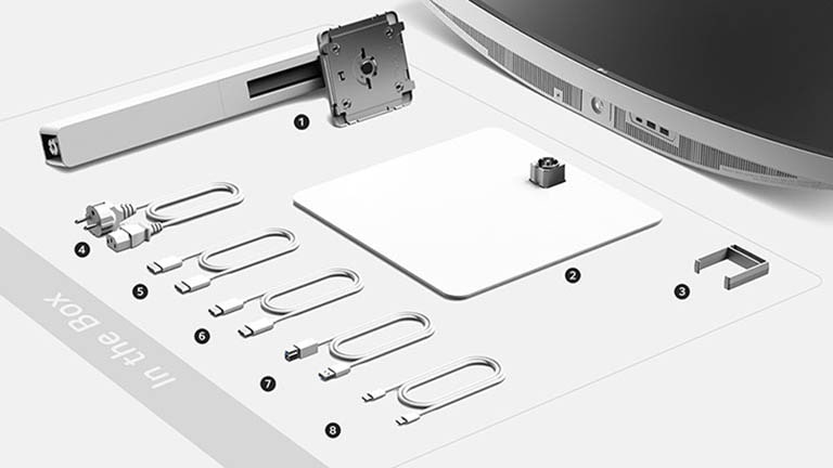 V krabici je tělo stojanu, základna stojanu, dr?ák kabel?, napájecí kabel, kabel HDMI, kabel DP, kabel USB A na B a kabel USB C na C.
