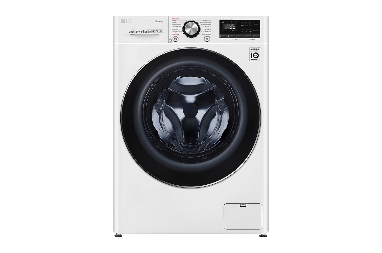 ?elní pohled na 9 kg parní pra?ka, Direct Drive? motor, TurboWash?360° - praní za 39 minut,  AI DD? - optimální volba pracích pohyb?, parní pé?e Steam&#43;?, ThinQ? &#43; WiFi F4WV909P2