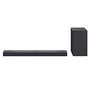 Pohled zep?edu na soundbar tenkého a obdélníkového tvaru v ?erném designu s bezdrátovym subwooferem rovně? v ?erné barvě