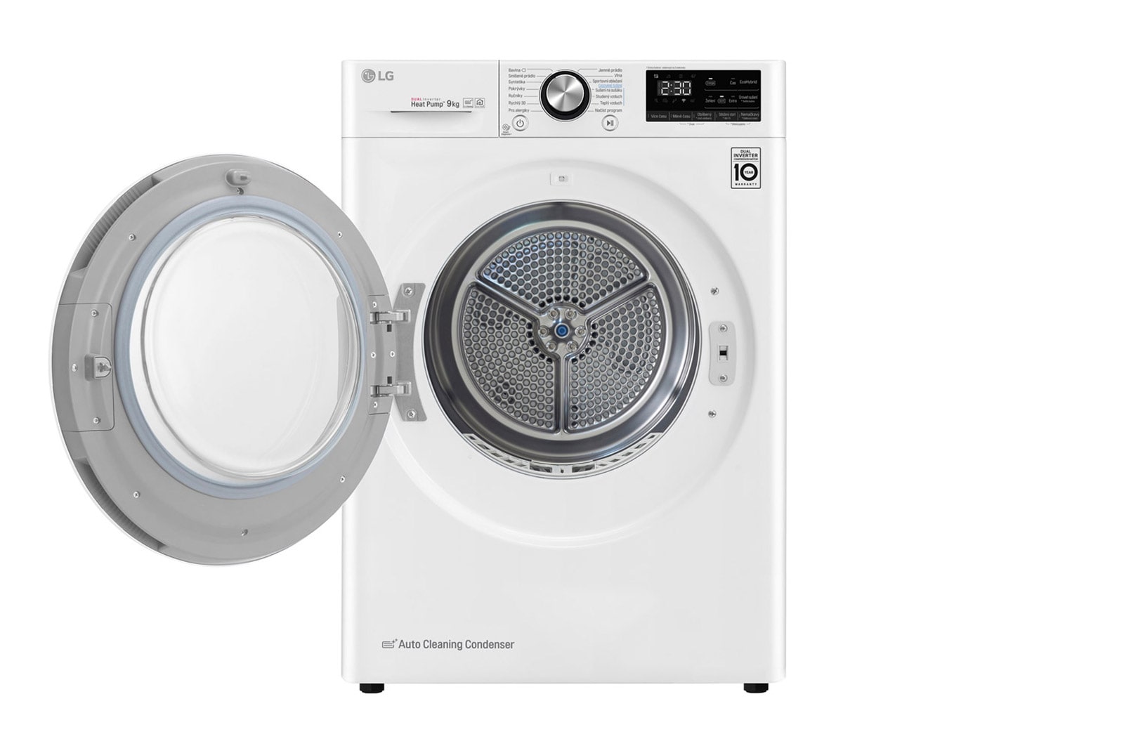 LG 9 kg hybridní su?i?ka s tepelnym ?erpadlem, A+++ (v rozsahu A+++ a? D), invertorovy motor, Eco Hybrid? - hybridní su?ení, automatické ?i?tění kondenzátoru, ThinQ? + WiFi, Program Pro alergiky, RC91V9AV2W