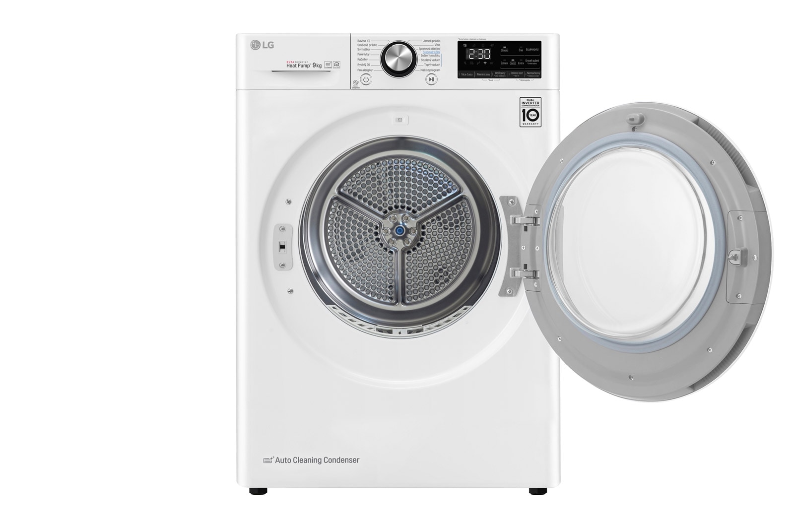 LG 9 kg hybridní su?i?ka s tepelnym ?erpadlem, A+++ (v rozsahu A+++ a? D), invertorovy motor, Eco Hybrid? - hybridní su?ení, automatické ?i?tění kondenzátoru, ThinQ? + WiFi, Program Pro alergiky, RC91V9AV2W