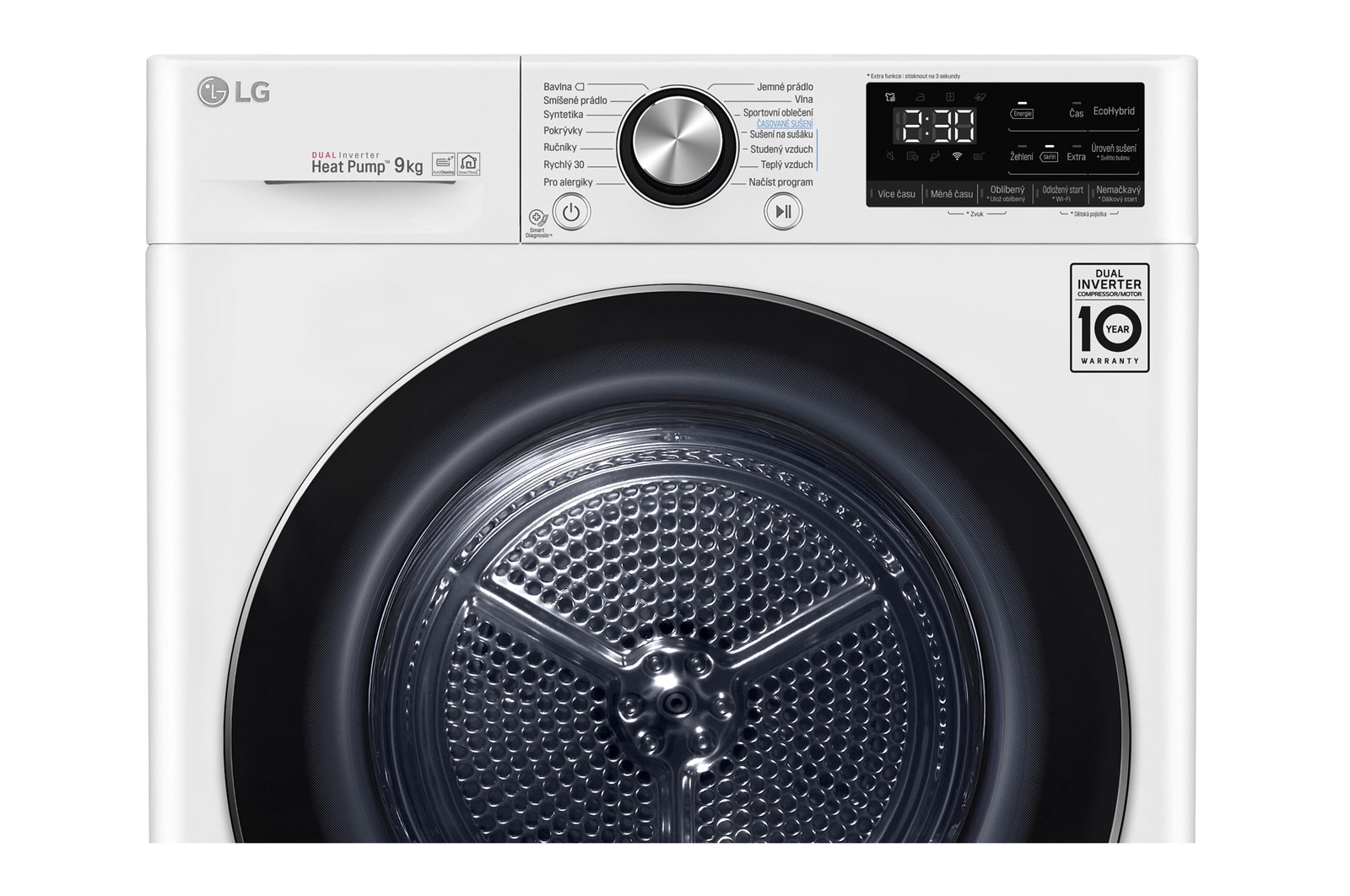 LG 9 kg hybridní su?i?ka s tepelnym ?erpadlem, A+++ (v rozsahu A+++ a? D), invertorovy motor, Eco Hybrid? - hybridní su?ení, automatické ?i?tění kondenzátoru, ThinQ? + WiFi, Program Pro alergiky, RC91V9AV2W
