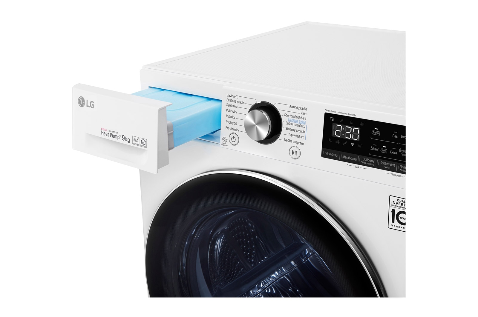 LG 9 kg hybridní su?i?ka s tepelnym ?erpadlem, A+++ (v rozsahu A+++ a? D), invertorovy motor, Eco Hybrid? - hybridní su?ení, automatické ?i?tění kondenzátoru, ThinQ? + WiFi, Program Pro alergiky, RC91V9AV2W