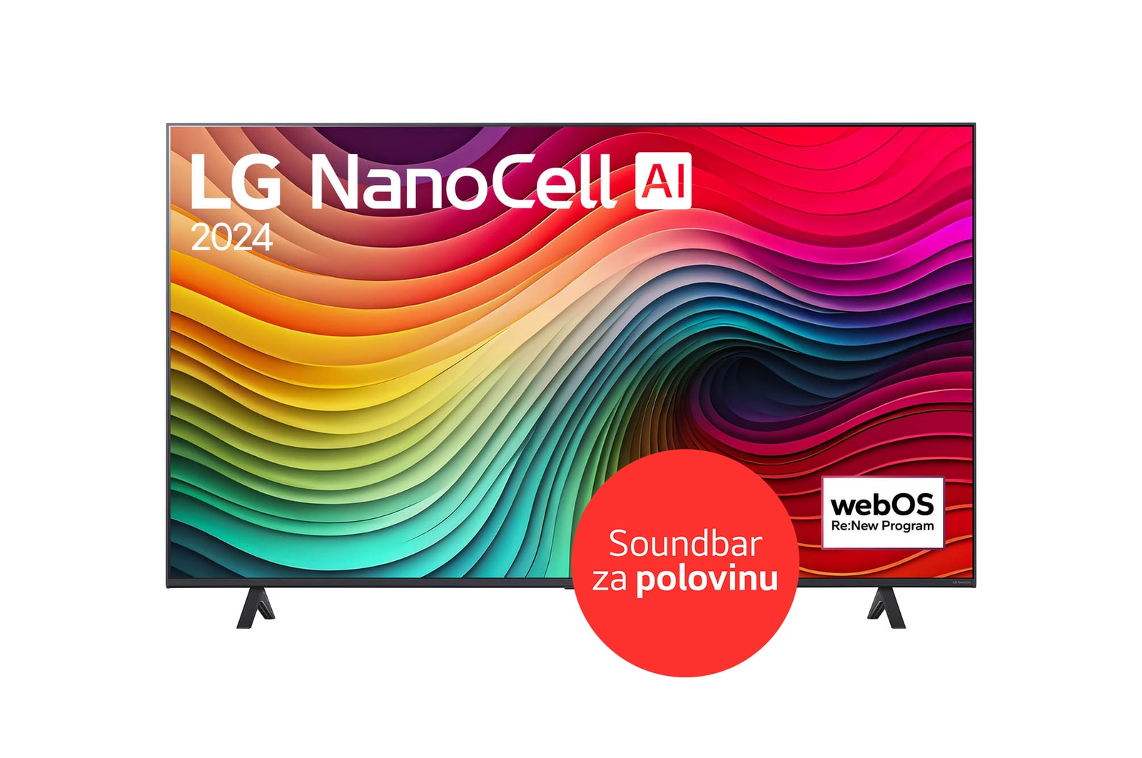Pohled zep?edu na 55"NanoCell TV v tenkém designu, úzkym rámem, ostrou ukázkou ?istych barev na bo?ních dvounohych stojanech