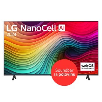 Pohled zep?edu na 55"NanoCell TV v tenkém designu, úzkym rámem, ostrou ukázkou ?istych barev na bo?ních dvounohych stojanech
