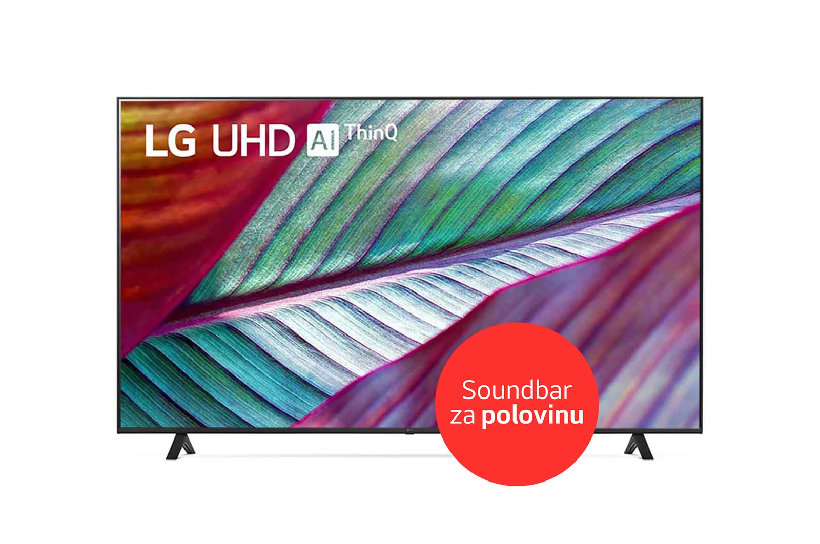 Pohled zep?edu na 75"UHD TV v tenkém designu, úzkym rámem, ukázkou reálnych/?istych barev a dvounohych stojanech po stranách