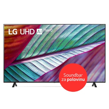 Pohled zep?edu na 75"UHD TV v tenkém designu, úzkym rámem, ukázkou reálnych/?istych barev a dvounohych stojanech po stranách