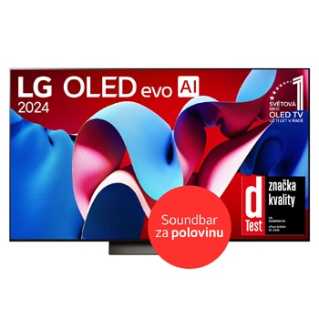 Front view with LG OLED evo TV, OLED C4, 11 Years of world number 1 OLED Emblem logo and webOS Re:New Program logo on screen, as well as the Soundbar below
