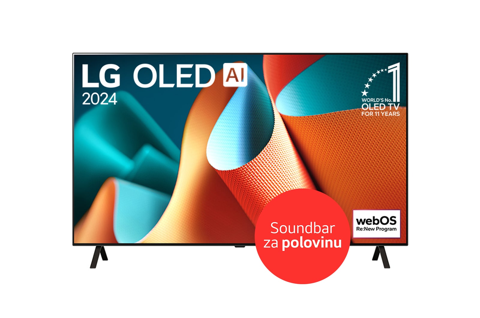 ?elní pohled na televizor LG OLED, OLED AI B4E, s?emblémem 11?let světové jedni?ky OLED a logem programu webOS Re:New na obrazovce s?dvousloupkovym stojanem