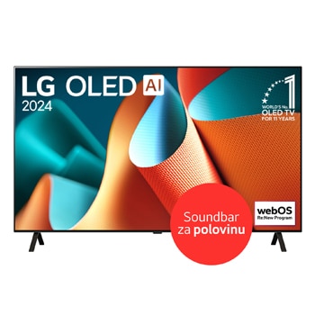 ?elní pohled na televizor LG OLED, OLED AI B4E, s?emblémem 11?let světové jedni?ky OLED a logem programu webOS Re:New na obrazovce s?dvousloupkovym stojanem