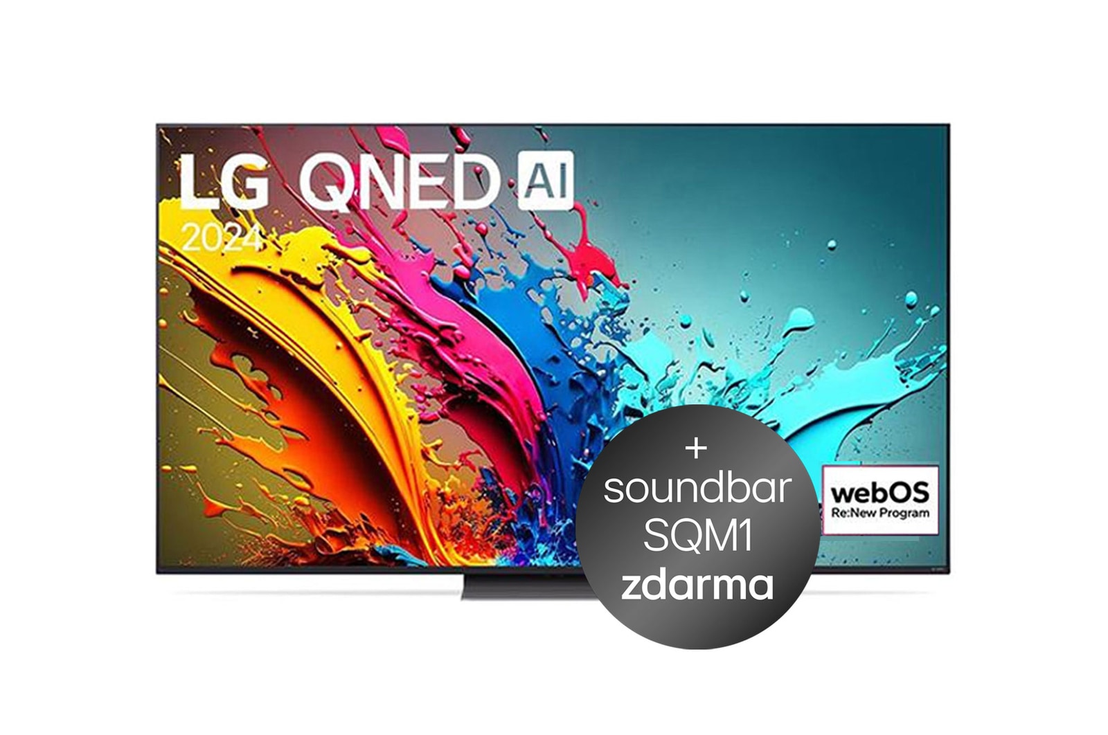 Pohled zep?edu na 50"QNED TV v tenkém designu, úzkym rámem, ostrou ukázkou vyraznych barev a pevnym stojanem uprost?ed