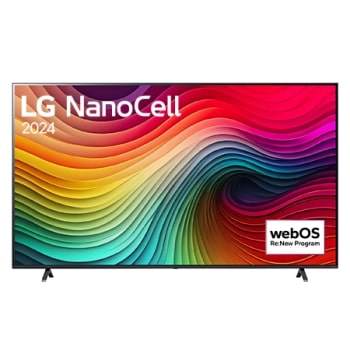 ?elní pohled na televizor LG NanoCell TV, NANO81 zobrazující na obrazovce text LG NanoCell, 2024 a logo programu webOS Re:New