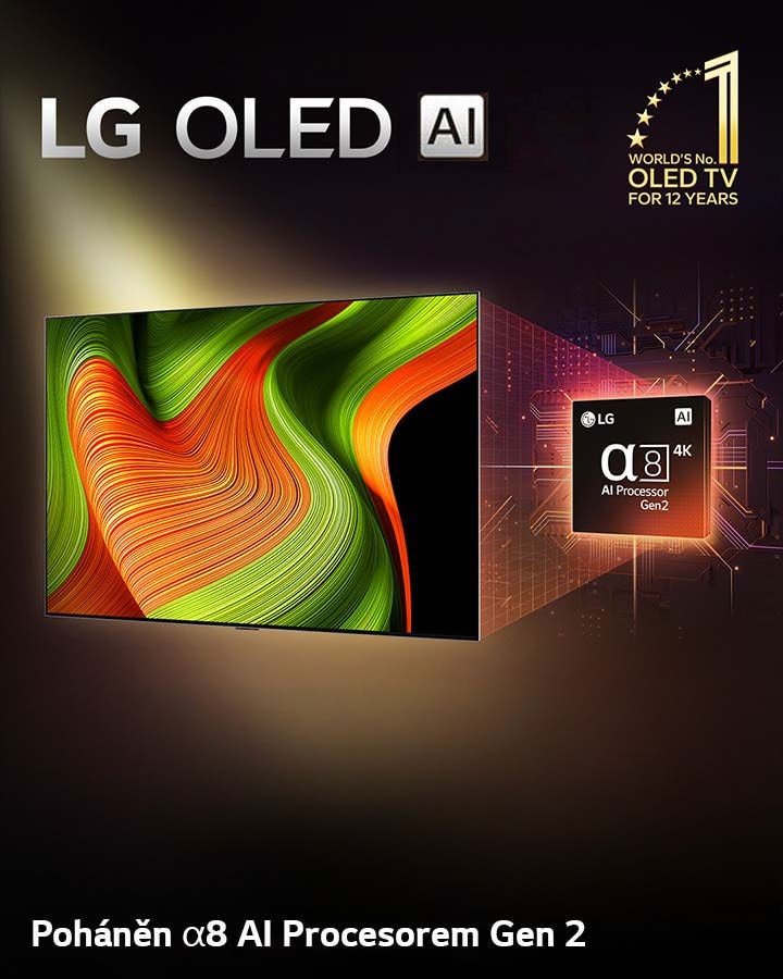 Na obrazovce LG OLED evo AI TV se zobrazuje abstraktní obraz s p?sobivymi detaily, barvami a kontrastem. Za televizí je umístěna zvět?ená verze procesoru alpha 8 AI Gen2. Zá?í a osvětluje okolní obvody mikro?ipu. Titulek uvádí LG OLED evo AI. Je vidět i text o tom, ?e za?ízení vyu?ívá procesor LG alpha 8 AI Gen2. V rohu je zlaté logo s hvězdi?kami, na kterém je napsáno: ?Světová jedni?ka mezi televizory OLED TV ji? 12 let“. 