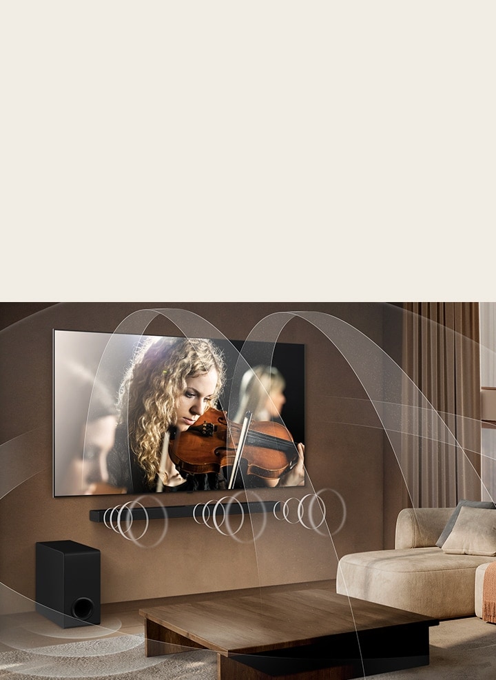 Obyvací pokoj s LG OLED TV a LG Soundbar s grafikou znázorňující, jak obě za?ízení naplňují místnost prostorovym zvukem.