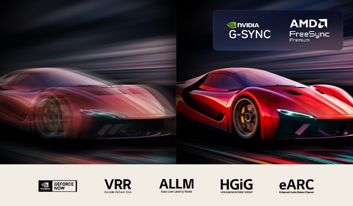 Dva snímky vozu ve videoh?e vedle sebe. Na jednom z nich je hodně rozmazany pohyb. Druhy je ostry a zaost?eny a ukazuje vysokou snímkovou frekvenci LG OLED TV. Je vidět logo Nvidia G-Sync a dal?í p?íslu?né certifikace. 