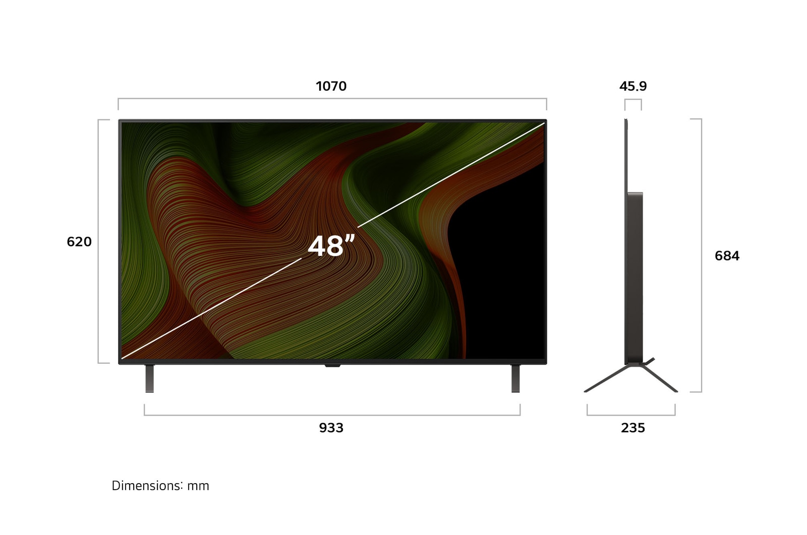 Pohled zep?edu a z boku na LG OLED AI B5 4K Smart TV s rozměry na délku, ?í?ku, vy?ku a hloubku.